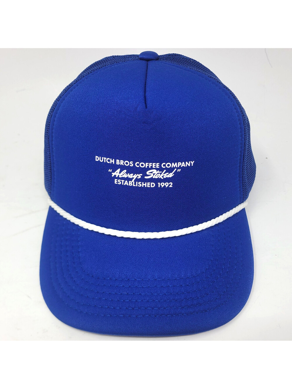 Dutch Bros Coffee Always Stoked Trucker Hat Blue Rope Mesh Snapback Est 1992